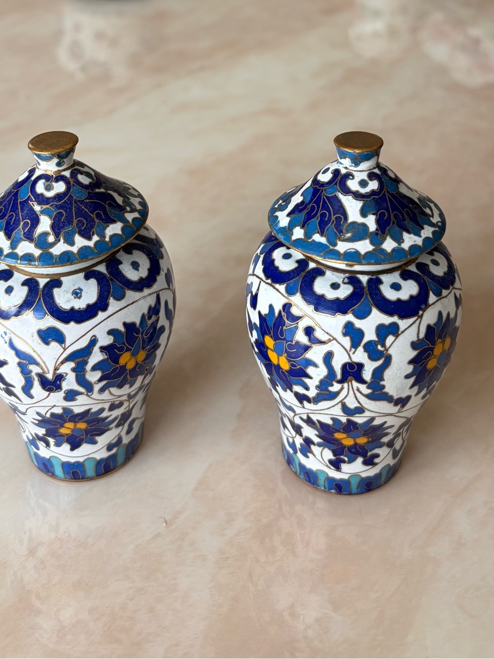 Vintage Chinese Blue & White Floral Cloisonné Lidded Vases - Pair